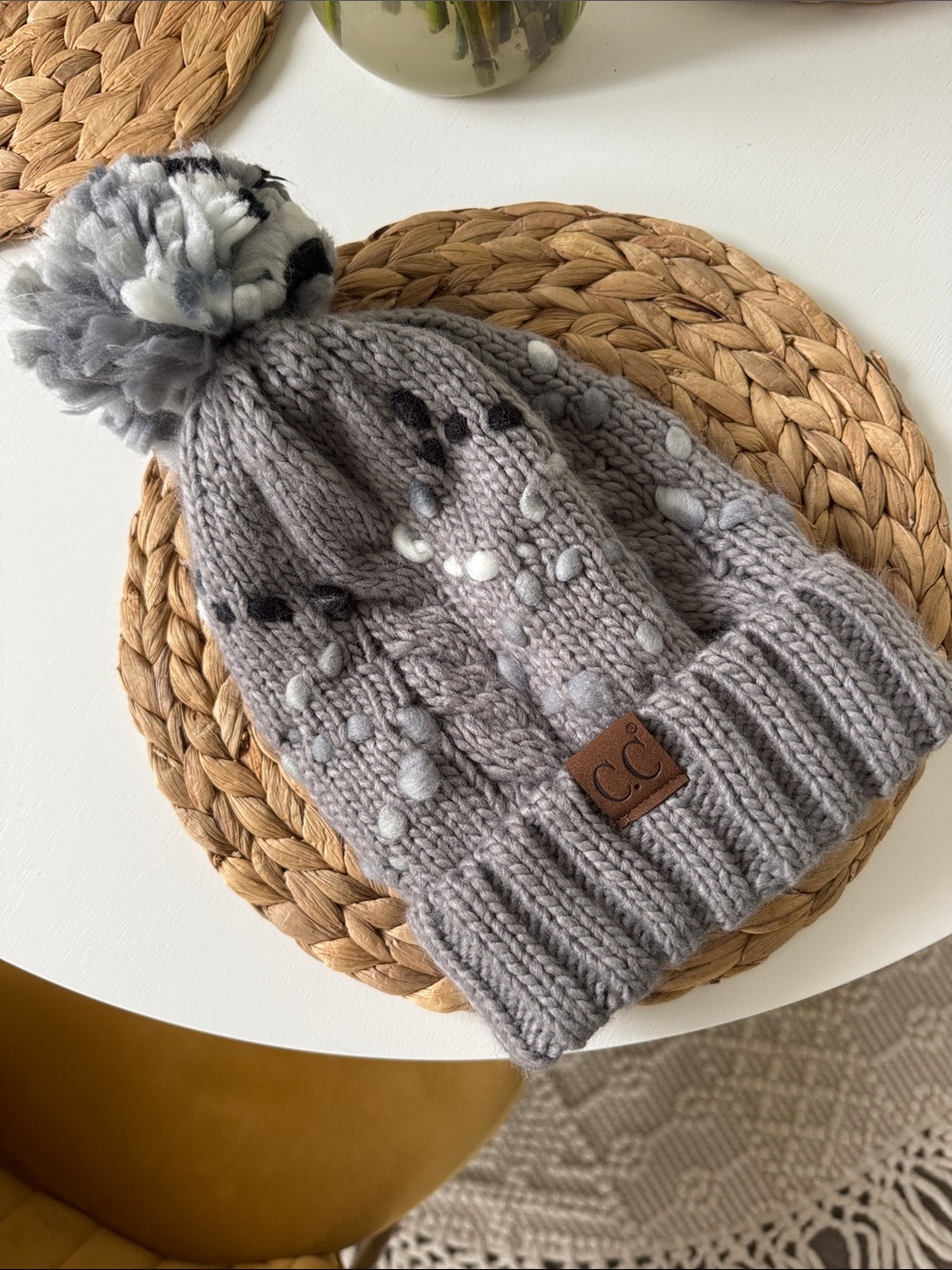 C.C Light Gray Pom Cable Knit Beanie